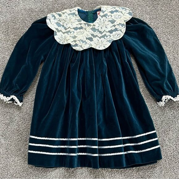 Vintage 1970’s Little Girl’s Turquoise Velvet Holiday Party Dress size 6 - Picture 3 of 13
